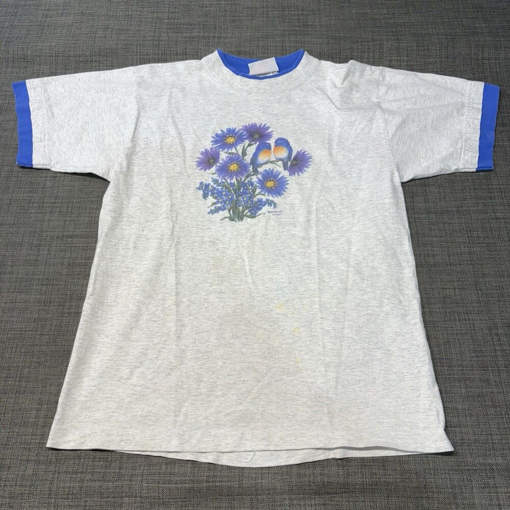 Blue Trim White Graphic Ringer T-Shirt with Floral & Bird Print